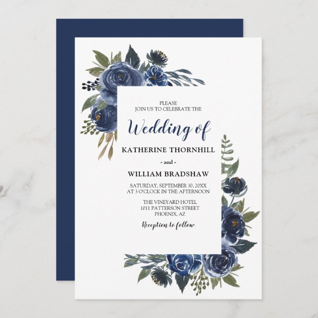 Elegant Blue Floral Frame Wedding Invitation (Front/Back)