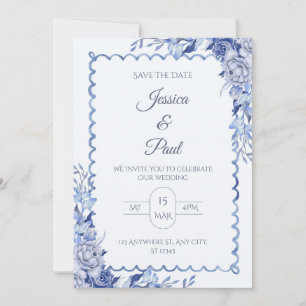 Elegant Blue Floral Frame Wedding Invitation