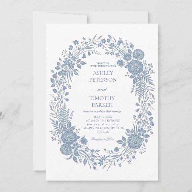 Elegant Blue Floral Frame Wedding Invitation – Vin (Front)