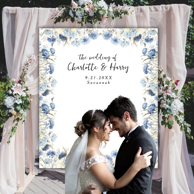 Elegant Blue Floral Frame Wedding Photo  Backdrop Tapestry (Creator Uploaded)