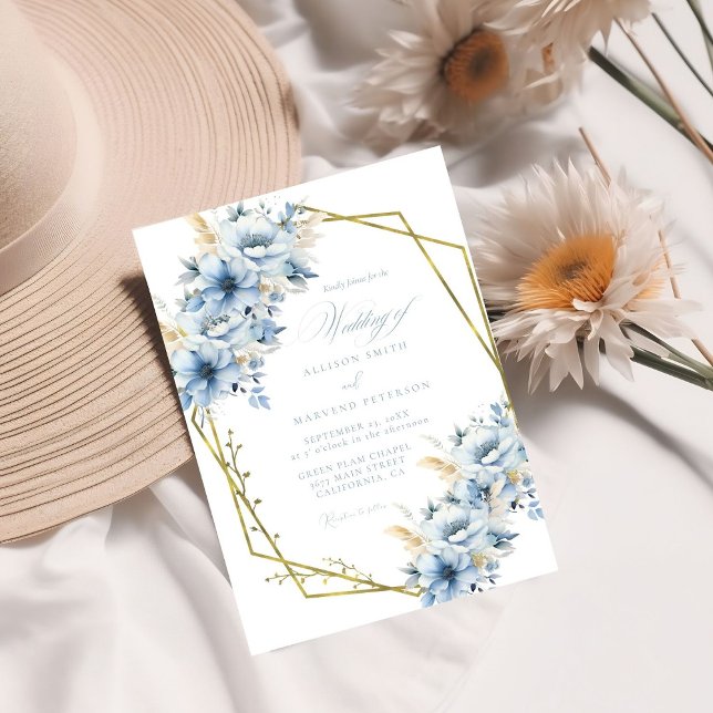 Elegant Blue Floral Geometric Frame Bloom Wedding Invitation (Creator Uploaded)