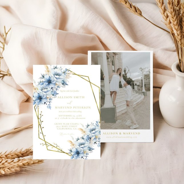 Elegant Blue Floral Geometric Frame Bloom Wedding Invitation (Creator Uploaded)