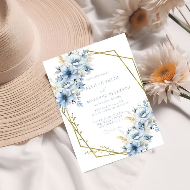 Elegant Blue Floral Geometric Frame Bloom Wedding Invitation (Creator Uploaded)