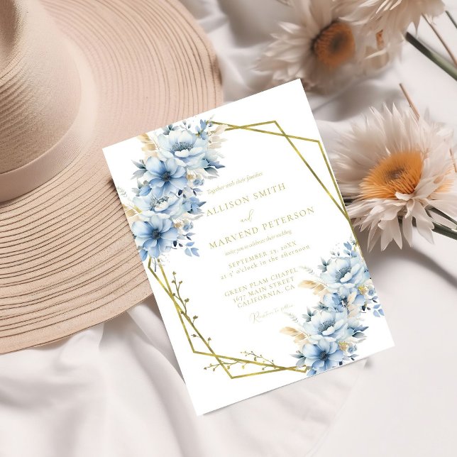 Elegant Blue Floral Geometric Frame Bloom Wedding Invitation (Creator Uploaded)