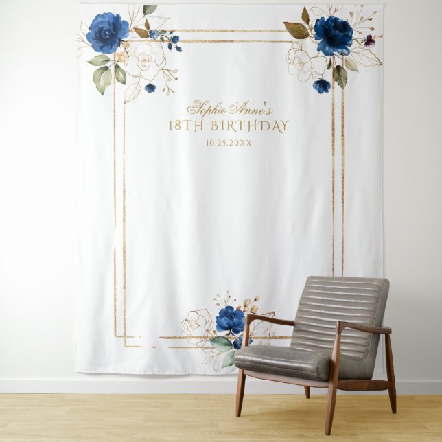 Elegant Blue Floral Gold 18th Birthday Photo Prop Tapestry (In Situ)