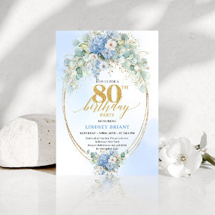Elegant Blue Floral Gold 80th Birthday Invitation