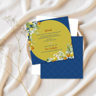Elegant Blue Floral Gold Citrus Wedding Details Enclosure Card