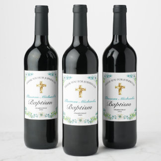 Elegant Blue Floral Gold Cross Baby Baptism  Wine Label