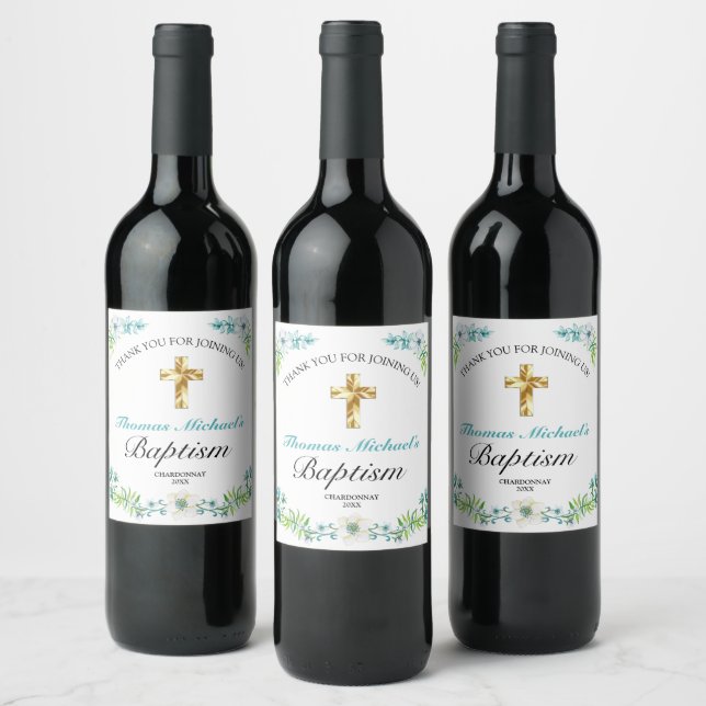 Elegant Blue Floral Gold Cross Baby Baptism  Wine Label (Bottles)