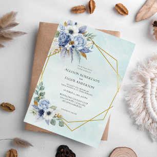 Elegant Blue Floral Gold Frame Wedding Invitation