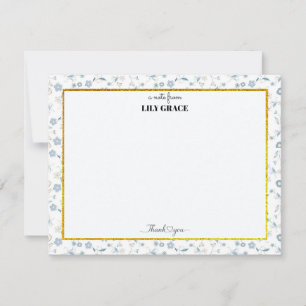 Elegant Blue Floral, Gold Glitter Custom Thank You Card