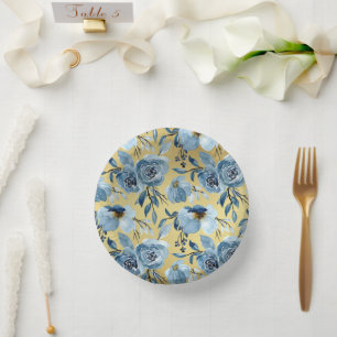Elegant Blue Floral & Gold Gradient Paper Plate