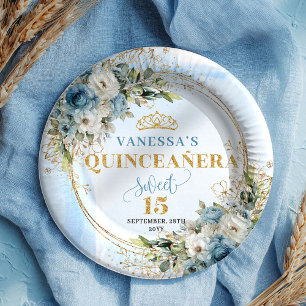 Elegant Blue Floral Gold Personalized Quinceañera Paper Plate