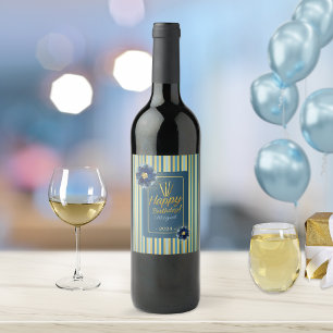 Elegant Blue Floral Gold Stripe Happy Birthday Wine Label
