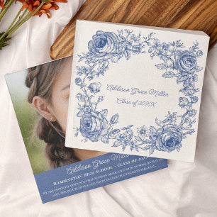 Elegant Blue Floral Graduation Photo Announcement 