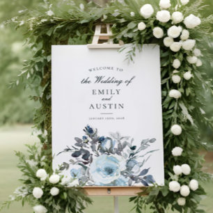 Elegant Blue Floral Greenery Wedding Welcome Sign