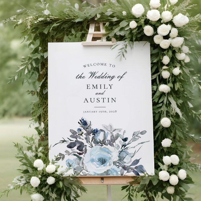 Elegant Blue Floral Greenery Wedding Welcome Sign (Creator Uploaded)