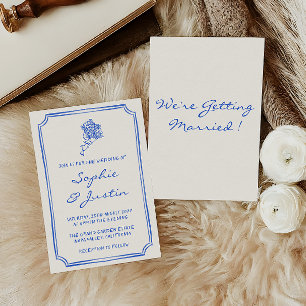 Elegant Blue Floral Handwritten Script Wedding Invitation