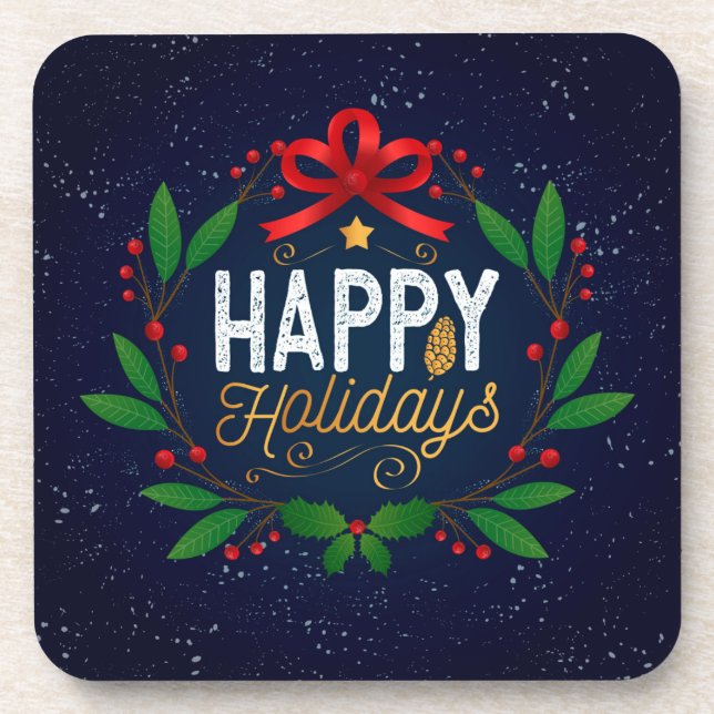 Elegant Blue Floral Happy Holidays | Coaster (Front)