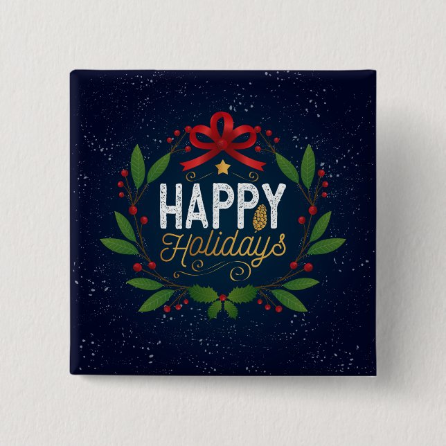 Elegant Blue Floral Happy Holidays | Pin Button (Front)