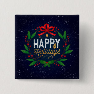 Elegant Blue Floral Happy Holidays Pin Button