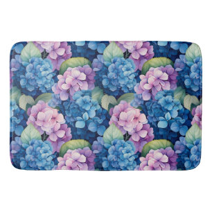 Elegant Blue Floral Hydrangea Blossom  Bath Mat
