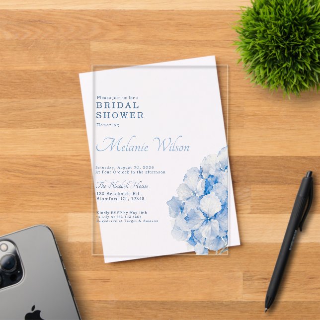 Elegant Blue Floral Hydrangea Bridal Shower Acrylic Invitations (Insitu (Invitation Card))