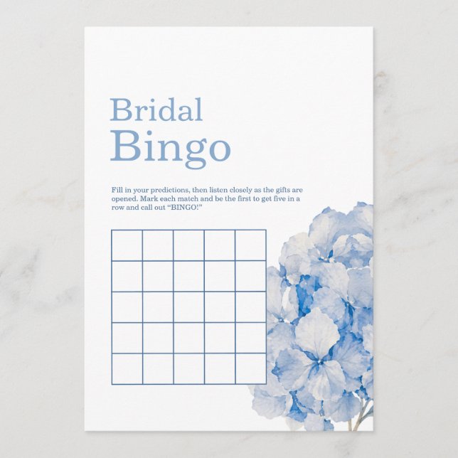 Elegant Blue Floral Hydrangea Bridal Shower Bingo  (Front)
