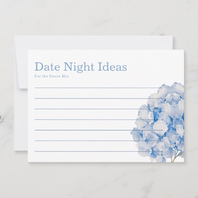 Elegant Blue Floral Hydrangea Date Night Ideas Card (Front)
