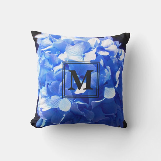 Elegant blue floral  hydrangeas monogram cushion (Front)
