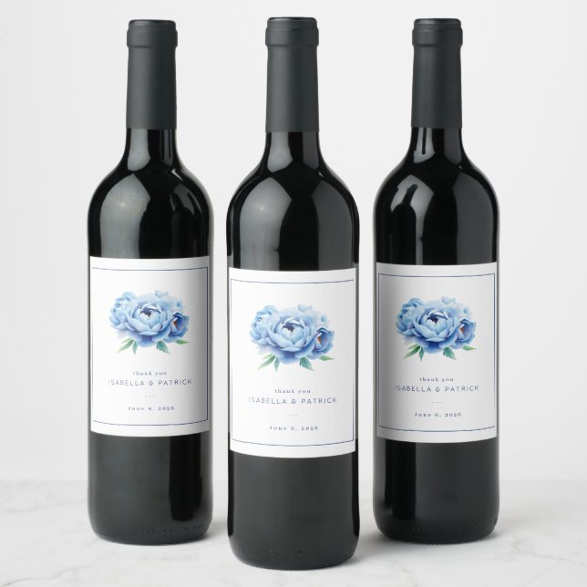 Elegant Blue Floral Illustration Wine Label (Bottles)