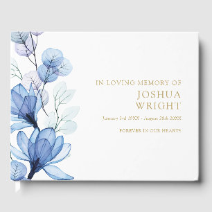 Elegant Blue Floral In Loving Memory Funeral Guest Book