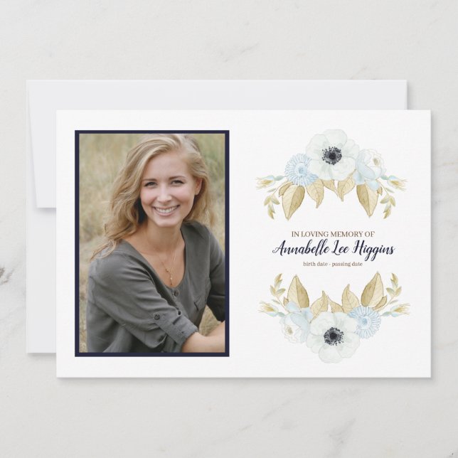 Elegant Blue Floral In Loving Memory Funeral Thank You Card (Front)