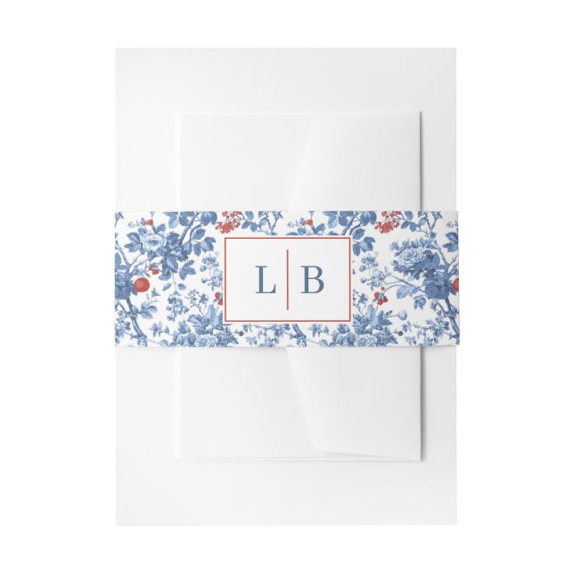 Elegant Blue Floral Initials Invitation Belly Band (Front Example)