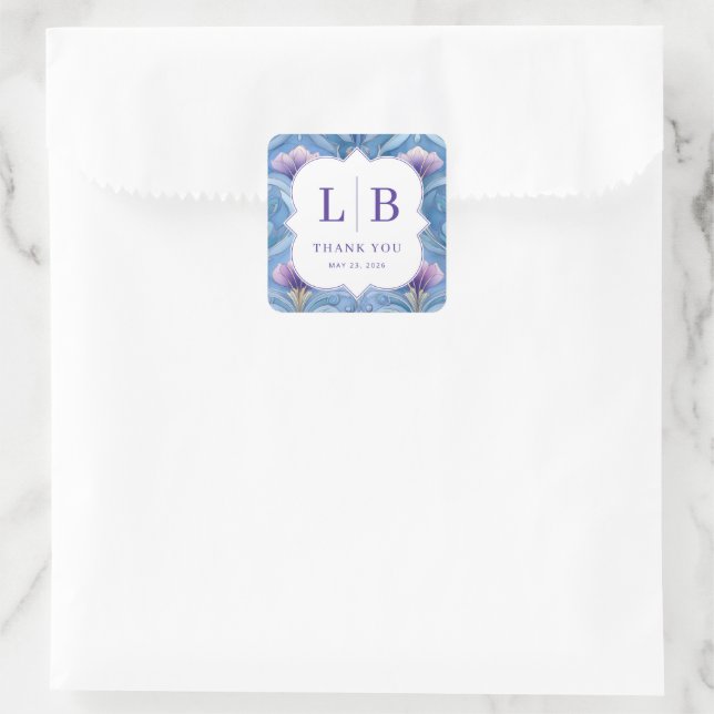 Elegant Blue Floral Initials Square Sticker (Bag)