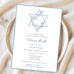 Elegant Blue Floral Jewish Star Chic Bat Mitzvah  Invitation