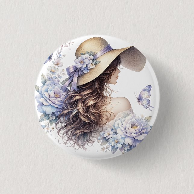 Elegant Blue Floral Lady Button (Front)
