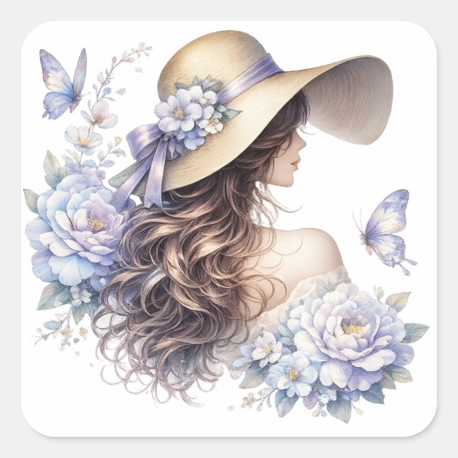 Elegant Blue Floral Lady Sticker (Front)