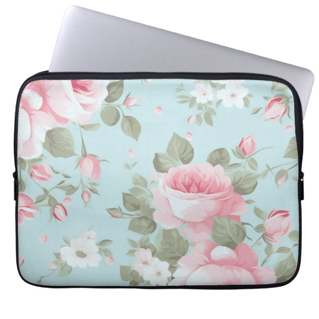 Elegant Blue Floral Laptop Sleeve (Front)