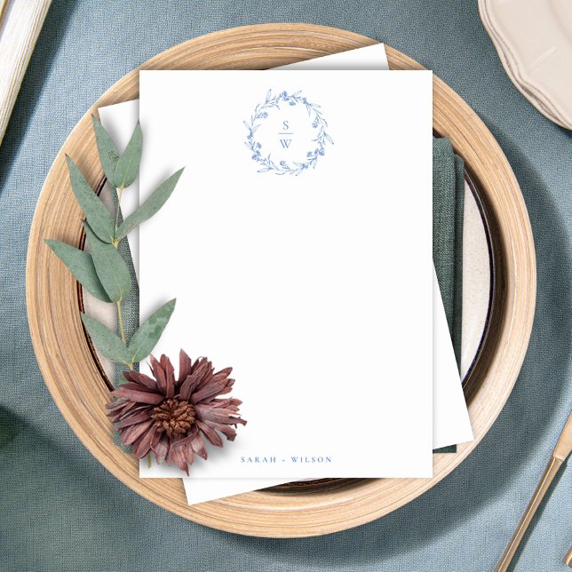 Elegant Blue Floral Laurel Wreath Monogram Wedding Card (Creator Uploaded)