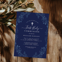 Elegant Blue Floral Leaf Boys First Communion