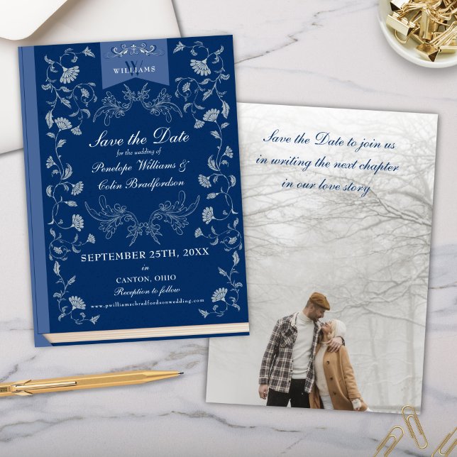 Elegant Blue Floral Library Wedding Save the Date Invitation (Blue and Cream Elegant Save the Date Wedding Invitation Cards for Library Book Cover Victorian Era)