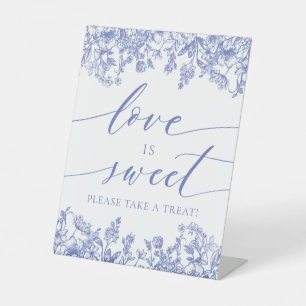 Elegant Blue Floral Love is Sweet Treat Favour Sig Pedestal Sign