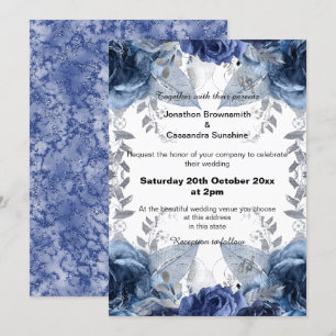 ELEGANT BLUE FLORAL MARBLE GLITTER WEDDING INVITATION