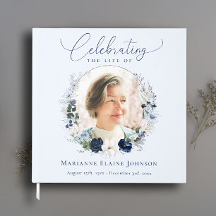 Elegant Blue Floral Memorial Celebration of Life Guest Book