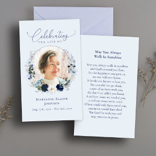 Elegant Blue Floral Memorial Funeral Prayer Card