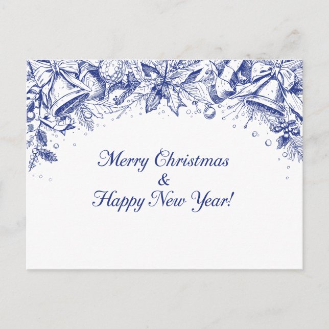 Elegant Blue Floral Merry Christmas Chinoiserie Postcard (Front)