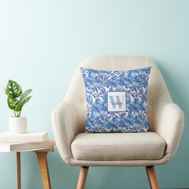 Elegant Blue Floral Monogram  Cushion (Chair)