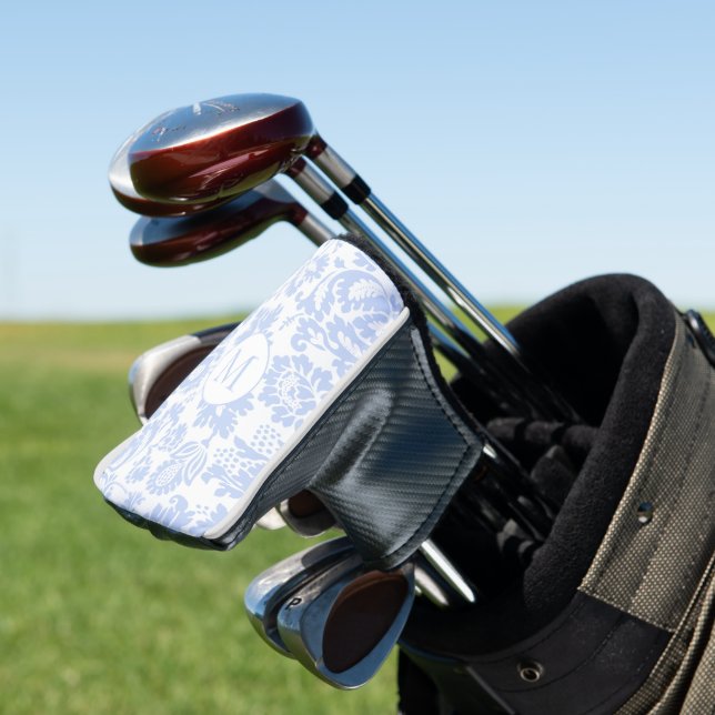 Elegant Blue Floral Monogram Golf Head Cover (In Situ)
