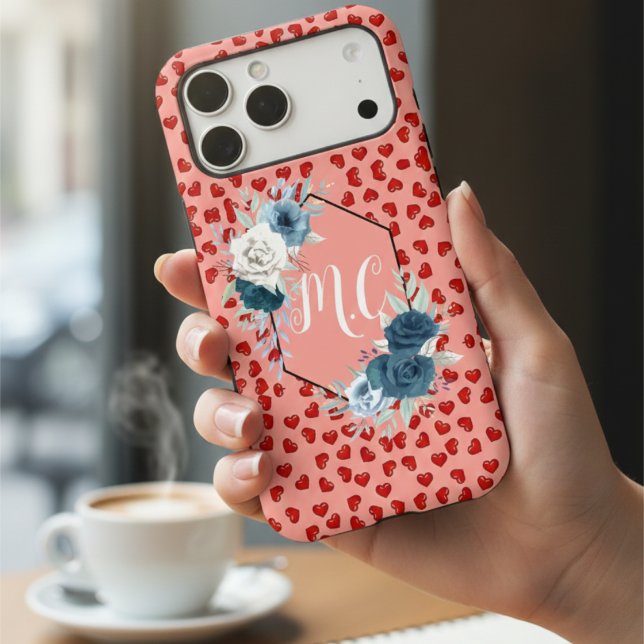 Elegant Blue Floral Monogram & Red Hearts Pattern (Creator Uploaded)